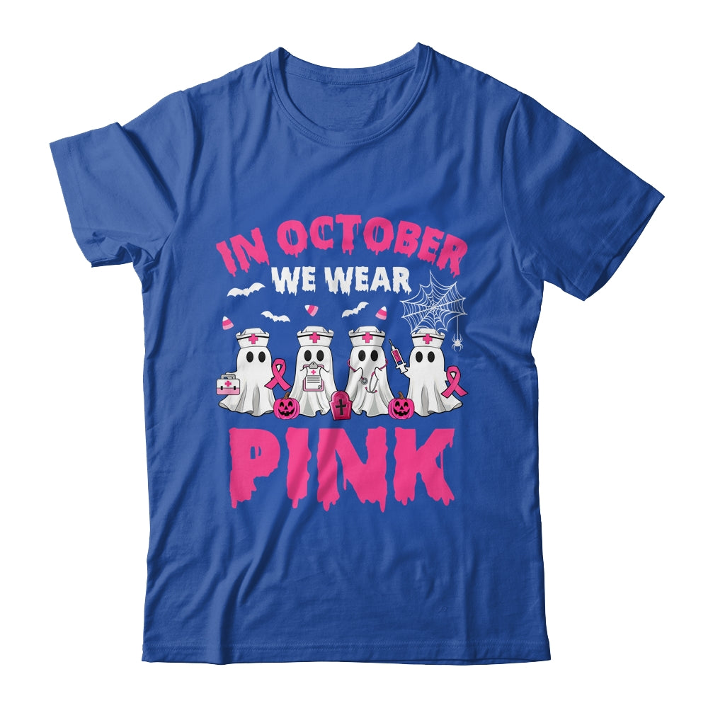 In October We Wear Pink Nurse Ghost Halloween Breast Cancer Shirt & Hoodie | siriusteestore