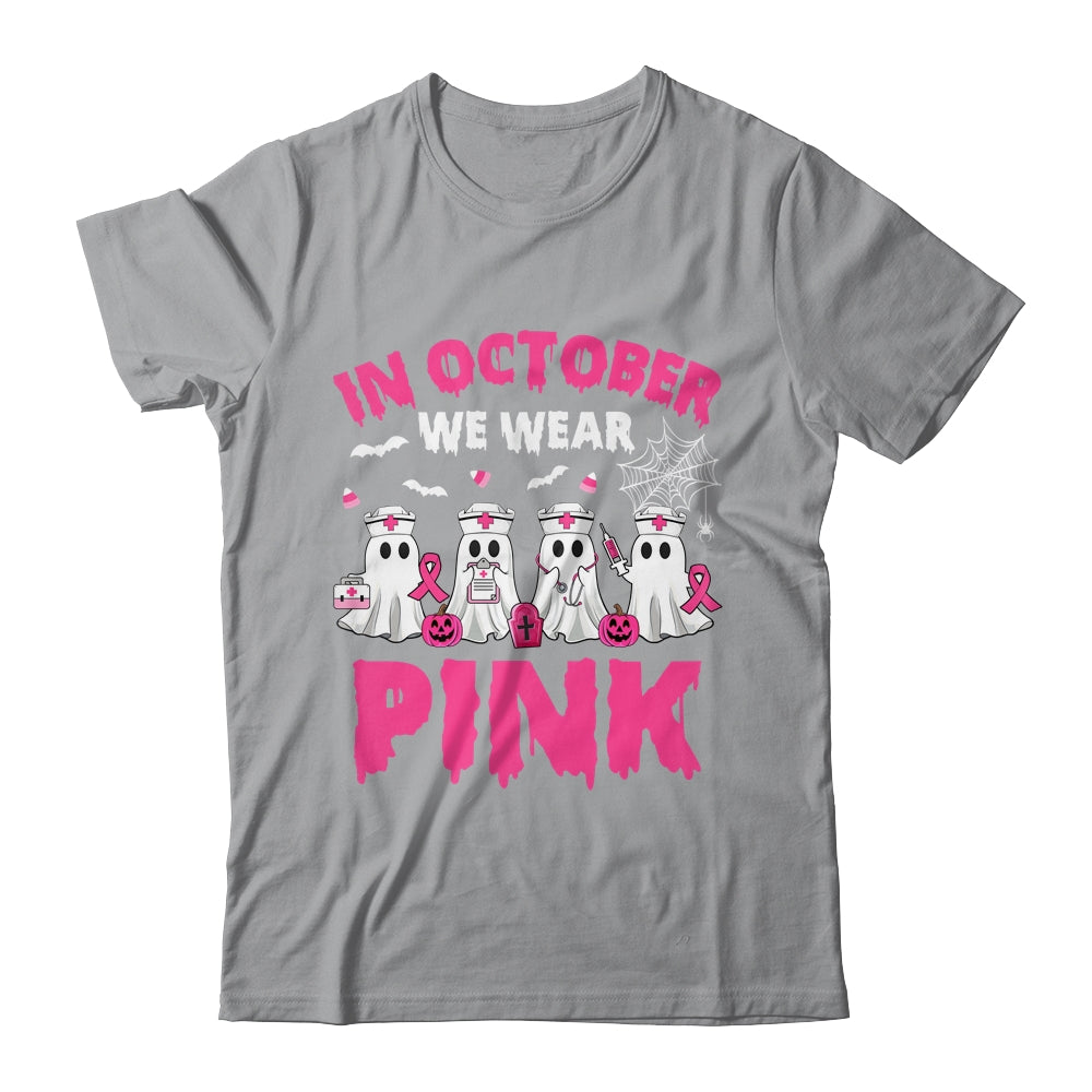 In October We Wear Pink Nurse Ghost Halloween Breast Cancer Shirt & Hoodie | siriusteestore