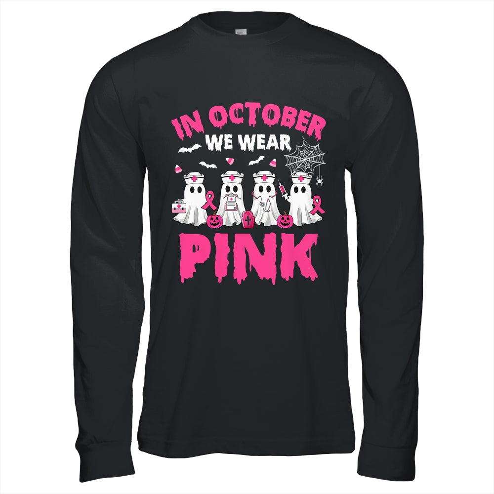 In October We Wear Pink Nurse Ghost Halloween Breast Cancer Shirt & Hoodie | siriusteestore