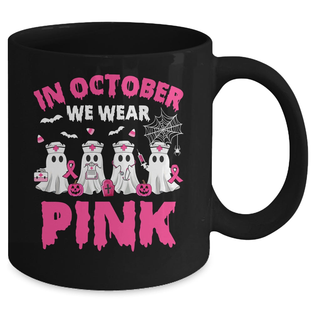In October We Wear Pink Nurse Ghost Halloween Breast Cancer Mug | siriusteestore