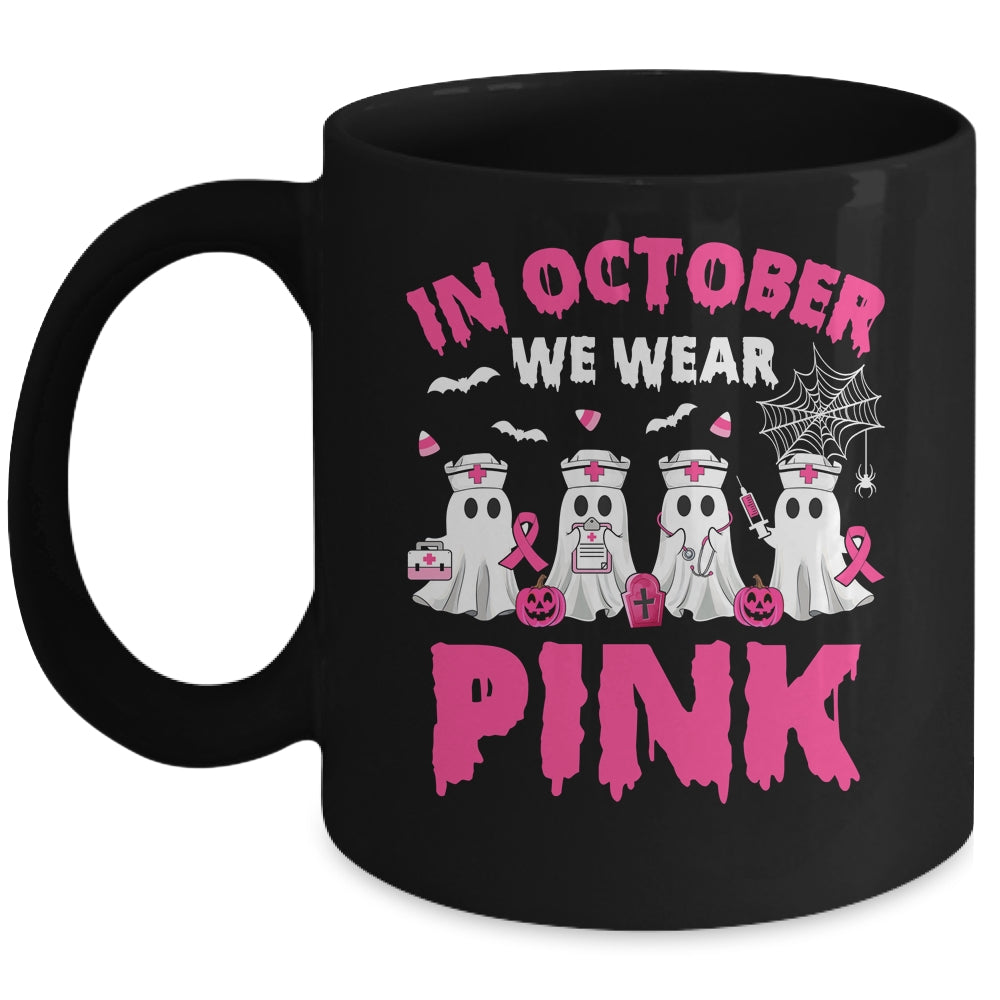 In October We Wear Pink Nurse Ghost Halloween Breast Cancer Mug | siriusteestore