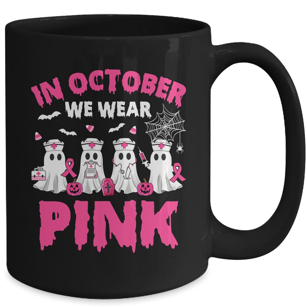 In October We Wear Pink Nurse Ghost Halloween Breast Cancer Mug | siriusteestore