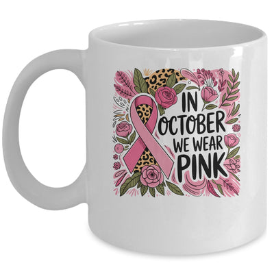 In October We Wear Pink Preppy Breast Cancer Boho Flower Mug | siriusteestore