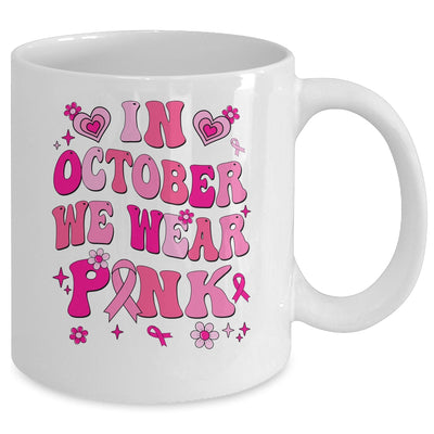 In October We Wear Pink Retro Groovy Vintage Breast Cancer Mug | siriusteestore