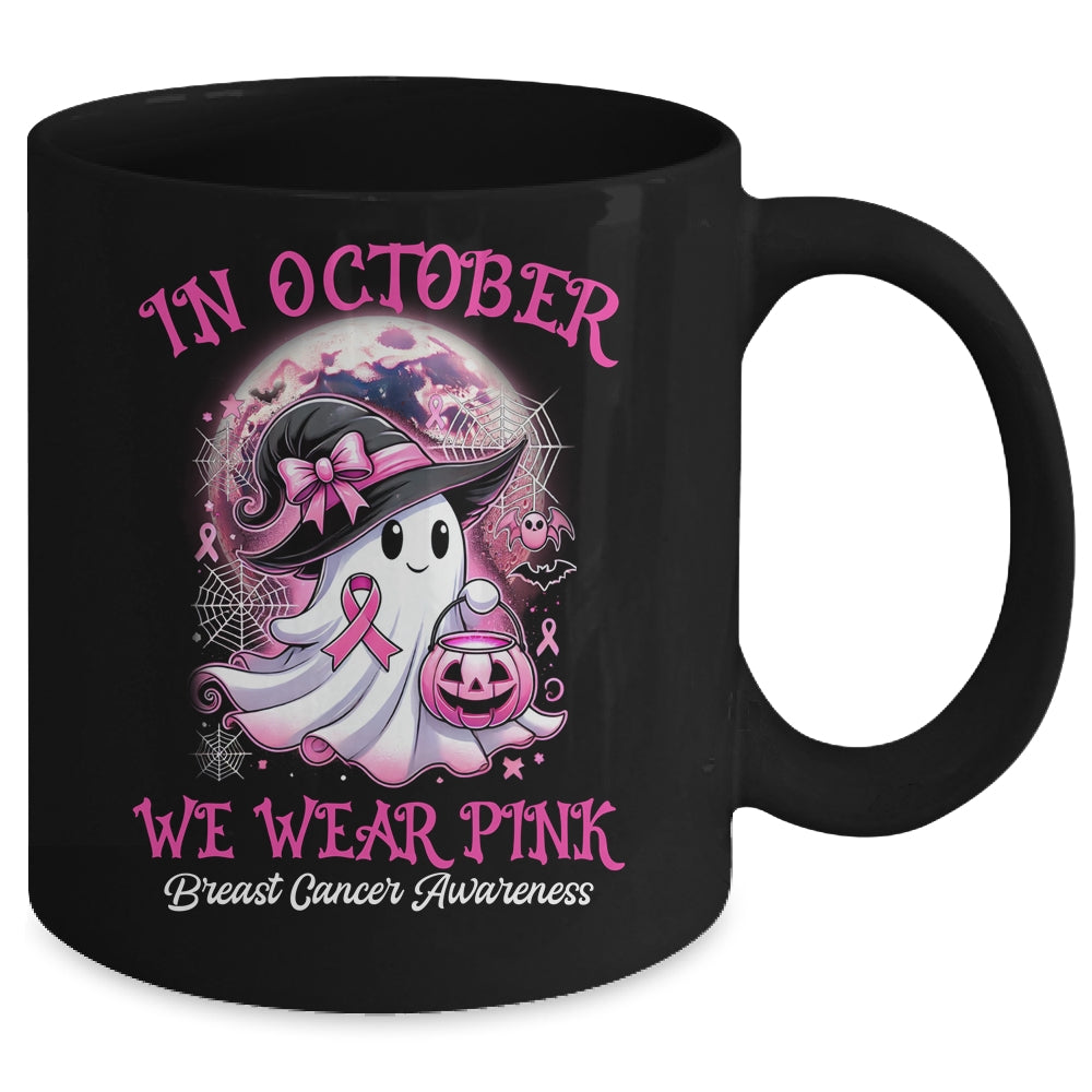 In October We Wear Pink Witch Ghost Breast Cancer Awareness Mug | siriusteestore
