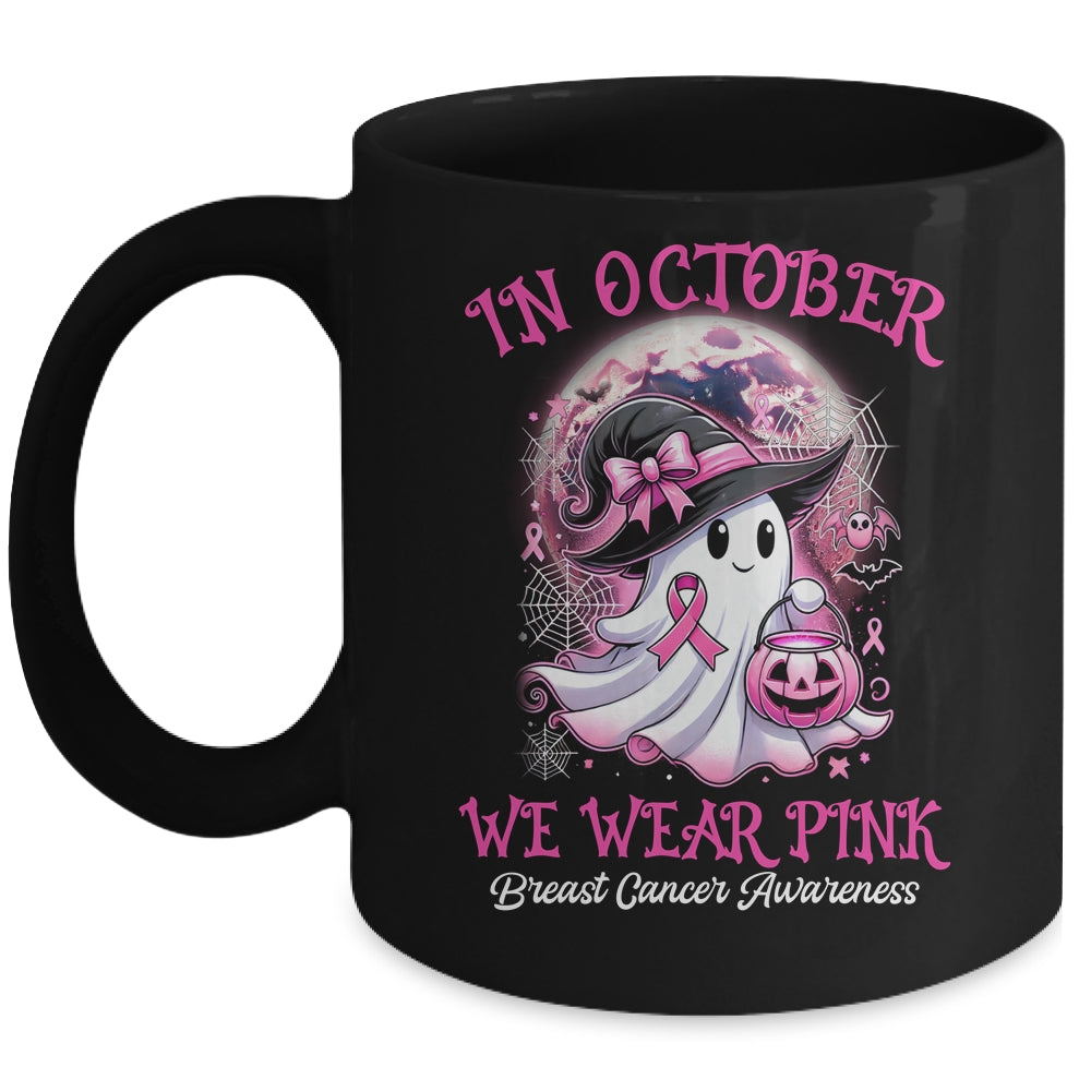 In October We Wear Pink Witch Ghost Breast Cancer Awareness Mug | siriusteestore