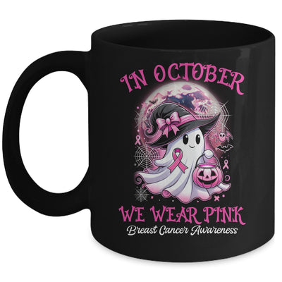 In October We Wear Pink Witch Ghost Breast Cancer Awareness Mug | siriusteestore