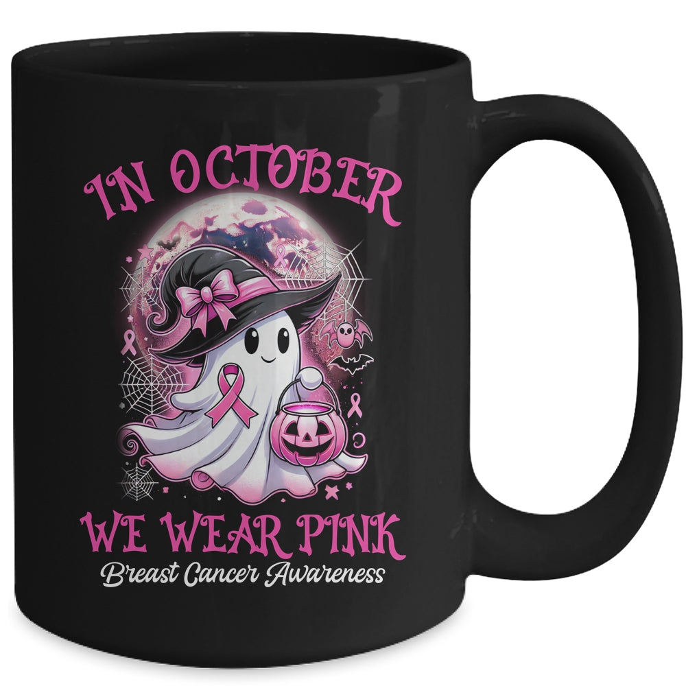 In October We Wear Pink Witch Ghost Breast Cancer Awareness Mug | siriusteestore