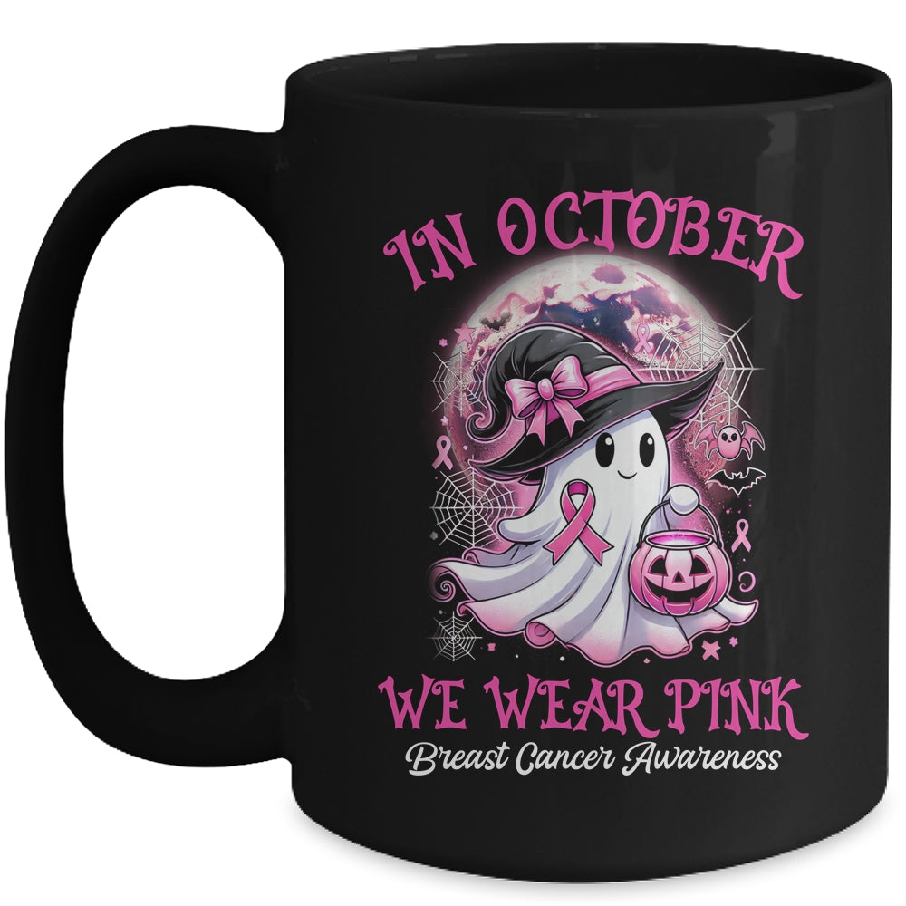 In October We Wear Pink Witch Ghost Breast Cancer Awareness Mug | siriusteestore