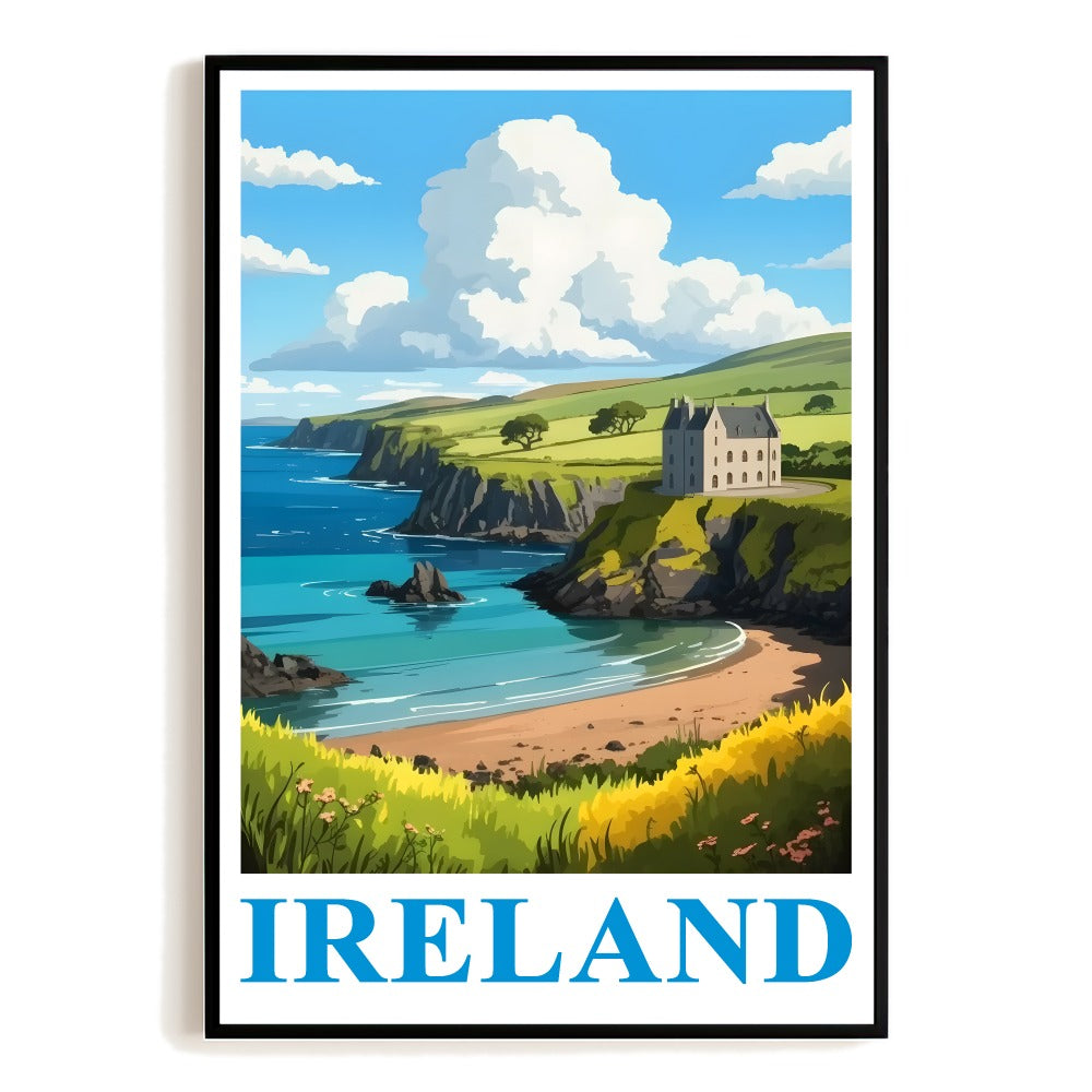 Ireland Vintage Travel Poster Iconic Coastal Cliffs Castle Landscape Wall Art Print For Irish Heritage Lovers Home Decoration Living Room Office Bedroom Decor Unframed | siriusteestore