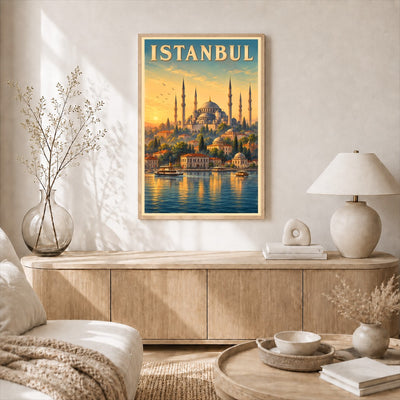 Istanbul Turkey Blue Mosque Bosphorus Sunset Vintage Travel Poster Wall Art Print Historic Ottoman Architecture European Asian City Souvenir Home Office Bedroom Unframed | siriusteestore