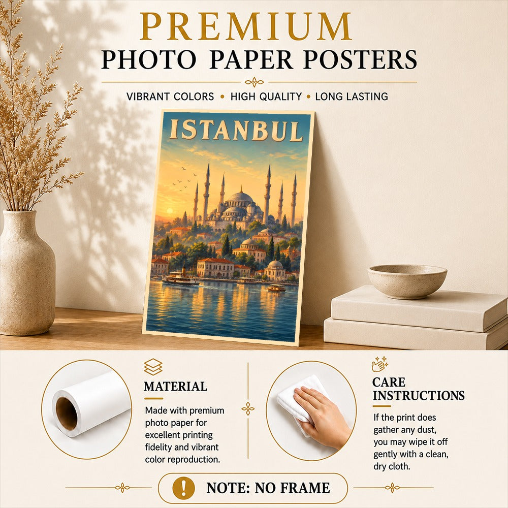 Istanbul Turkey Blue Mosque Bosphorus Sunset Vintage Travel Poster Wall Art Print Historic Ottoman Architecture European Asian City Souvenir Home Office Bedroom Unframed | siriusteestore
