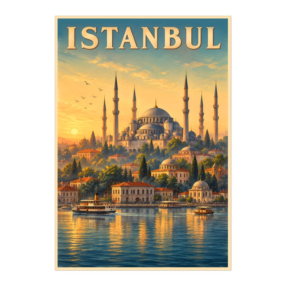 Istanbul Turkey Blue Mosque Bosphorus Sunset Vintage Travel Poster Wall Art Print Historic Ottoman Architecture European Asian City Souvenir Home Office Bedroom Unframed | siriusteestore