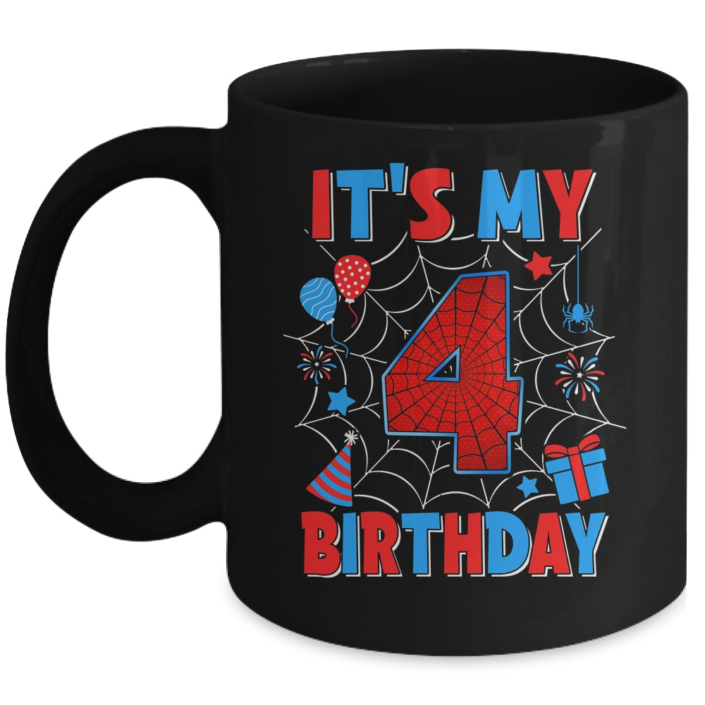 It's My 4th Birthday Spider Web Theme Party 4 Years Old Boys Mug | siriusteestore