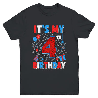 It's My 4th Birthday Spider Web Theme Party 4 Years Old Boys Youth Shirt | siriusteestore