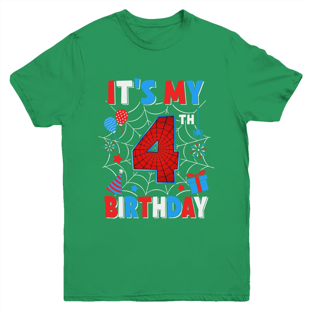 It's My 4th Birthday Spider Web Theme Party 4 Years Old Boys Youth Shirt | siriusteestore