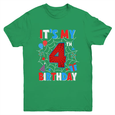 It's My 4th Birthday Spider Web Theme Party 4 Years Old Boys Youth Shirt | siriusteestore