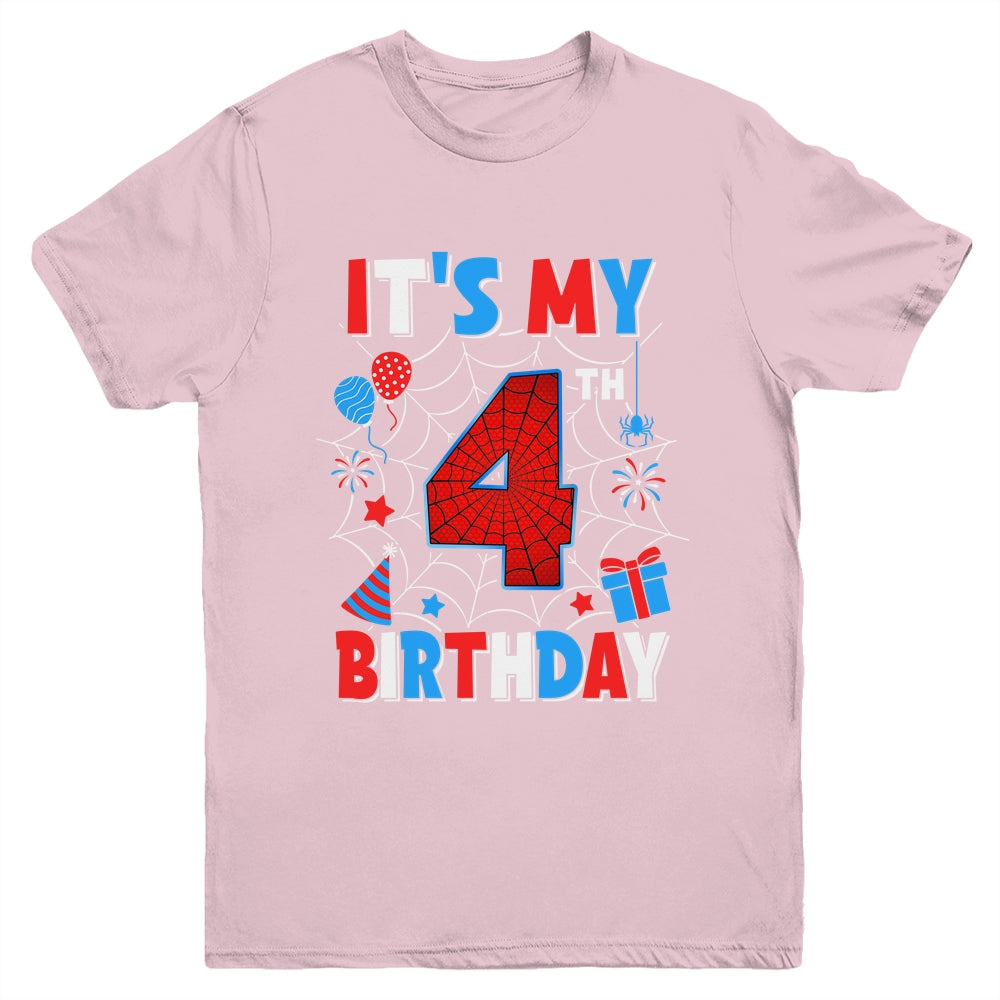 It's My 4th Birthday Spider Web Theme Party 4 Years Old Boys Youth Shirt | siriusteestore