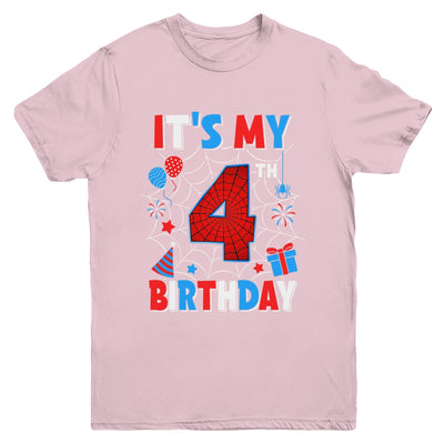 It's My 4th Birthday Spider Web Theme Party 4 Years Old Boys Youth Shirt | siriusteestore
