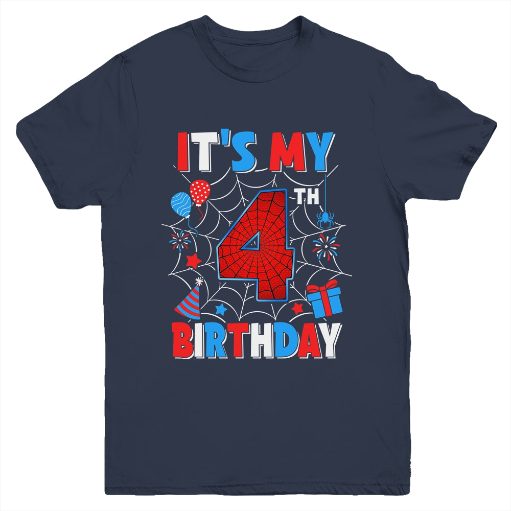 It's My 4th Birthday Spider Web Theme Party 4 Years Old Boys Youth Shirt | siriusteestore
