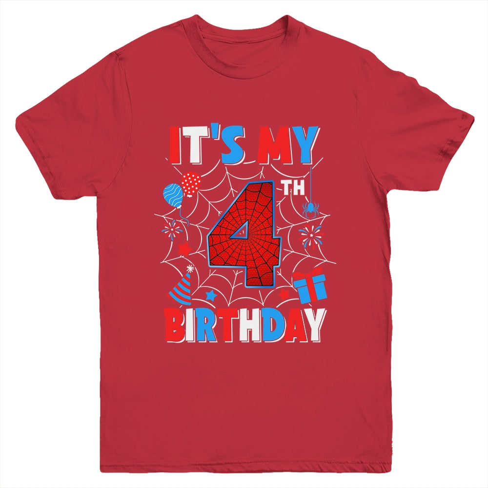 It's My 4th Birthday Spider Web Theme Party 4 Years Old Boys Youth Shirt | siriusteestore