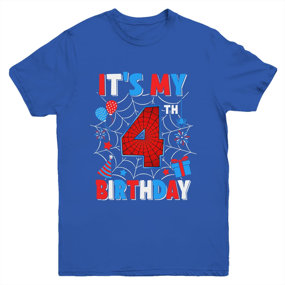 It's My 4th Birthday Spider Web Theme Party 4 Years Old Boys Youth Shirt | siriusteestore