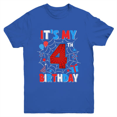 It's My 4th Birthday Spider Web Theme Party 4 Years Old Boys Youth Shirt | siriusteestore