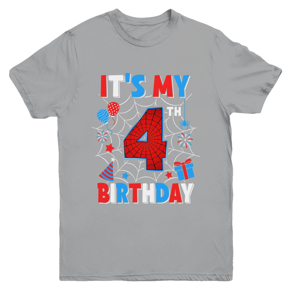 It's My 4th Birthday Spider Web Theme Party 4 Years Old Boys Youth Shirt | siriusteestore
