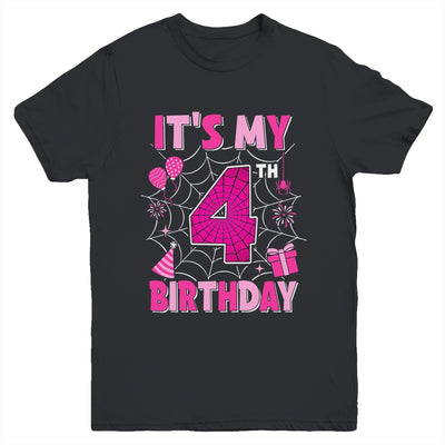 It's My 4th Birthday Spider Web Theme Party 4 Years Old Girl Youth Shirt | siriusteestore