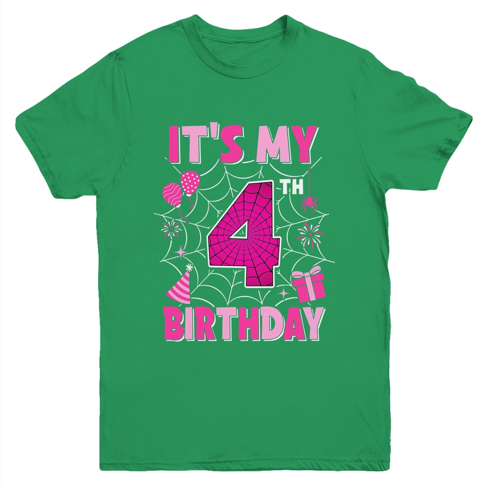 It's My 4th Birthday Spider Web Theme Party 4 Years Old Girl Youth Shirt | siriusteestore
