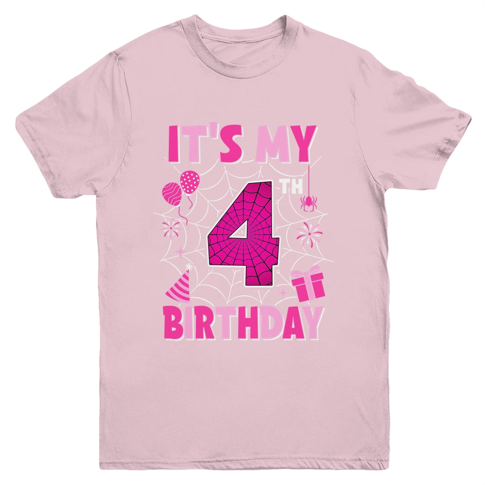 It's My 4th Birthday Spider Web Theme Party 4 Years Old Girl Youth Shirt | siriusteestore