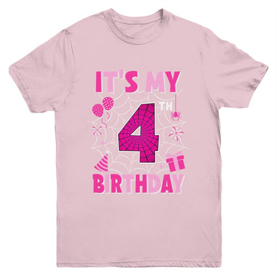 It's My 4th Birthday Spider Web Theme Party 4 Years Old Girl Youth Shirt | siriusteestore