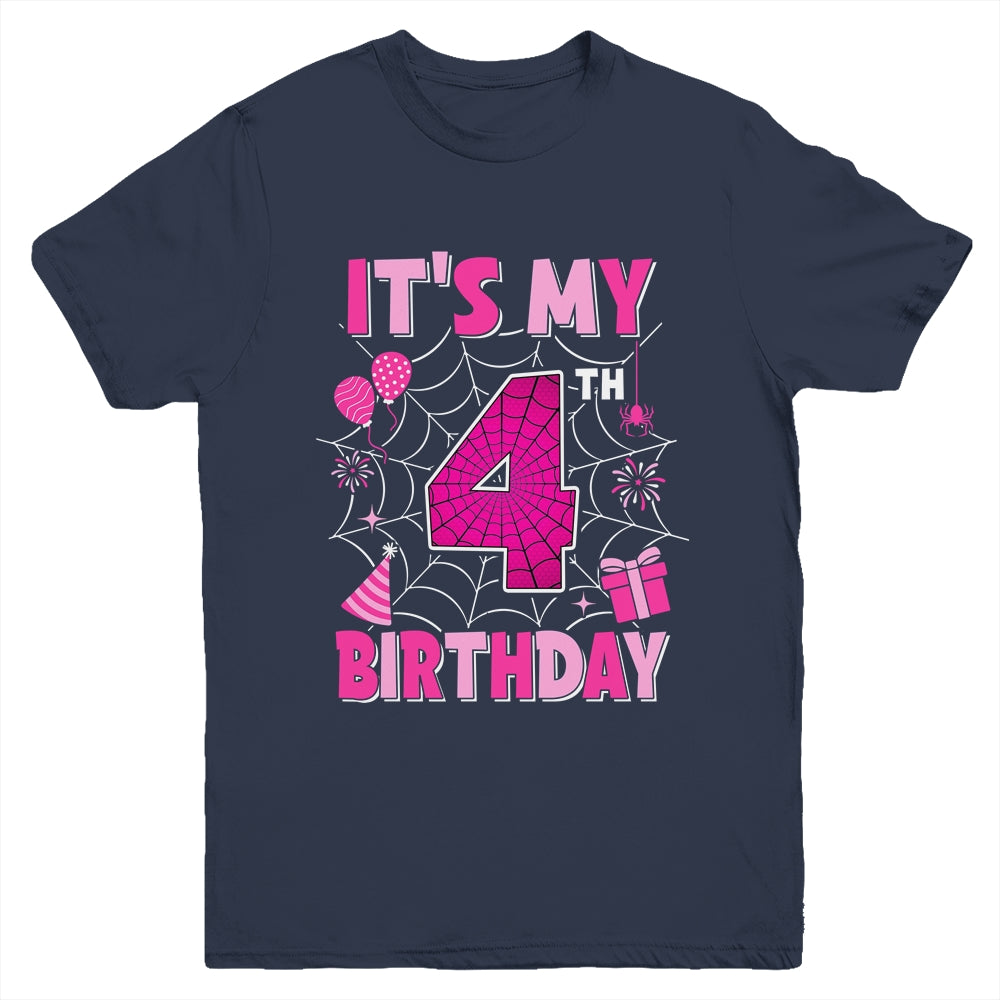 It's My 4th Birthday Spider Web Theme Party 4 Years Old Girl Youth Shirt | siriusteestore