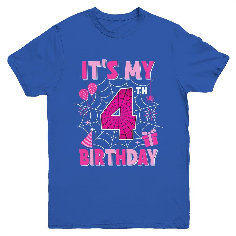 It's My 4th Birthday Spider Web Theme Party 4 Years Old Girl Youth Shirt | siriusteestore