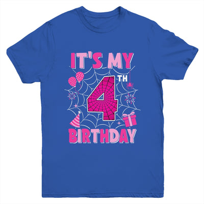 It's My 4th Birthday Spider Web Theme Party 4 Years Old Girl Youth Shirt | siriusteestore