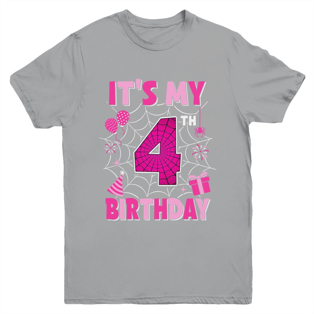 It's My 4th Birthday Spider Web Theme Party 4 Years Old Girl Youth Shirt | siriusteestore