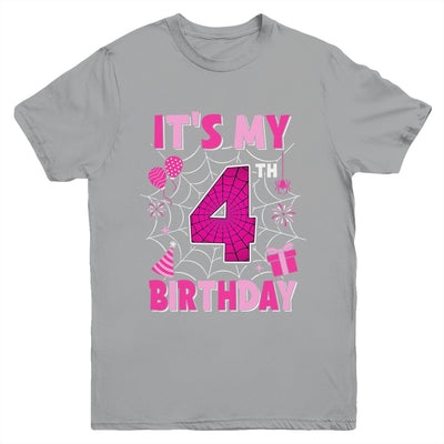 It's My 4th Birthday Spider Web Theme Party 4 Years Old Girl Youth Shirt | siriusteestore