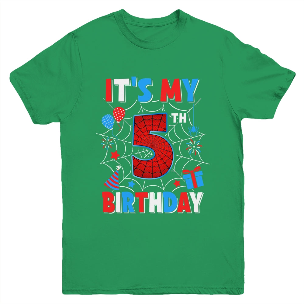 It's My 5th Birthday Spider Web Theme Party 5 Years Old Boys Youth Shirt | siriusteestore
