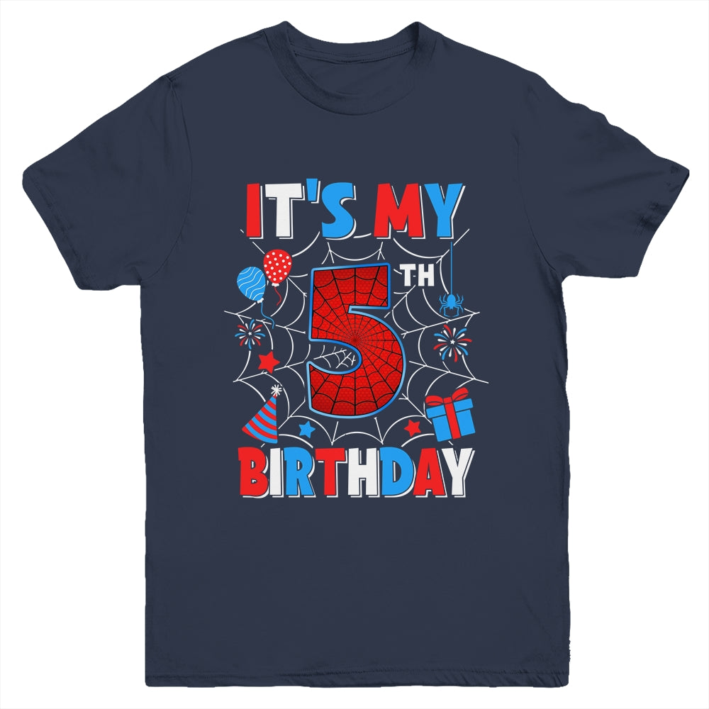 It's My 5th Birthday Spider Web Theme Party 5 Years Old Boys Youth Shirt | siriusteestore