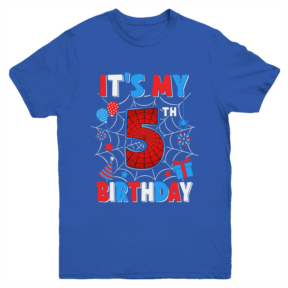 It's My 5th Birthday Spider Web Theme Party 5 Years Old Boys Youth Shirt | siriusteestore