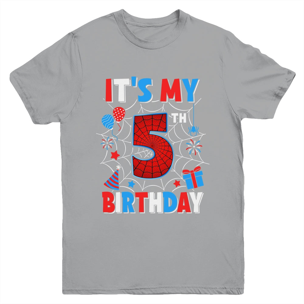 It's My 5th Birthday Spider Web Theme Party 5 Years Old Boys Youth Shirt | siriusteestore
