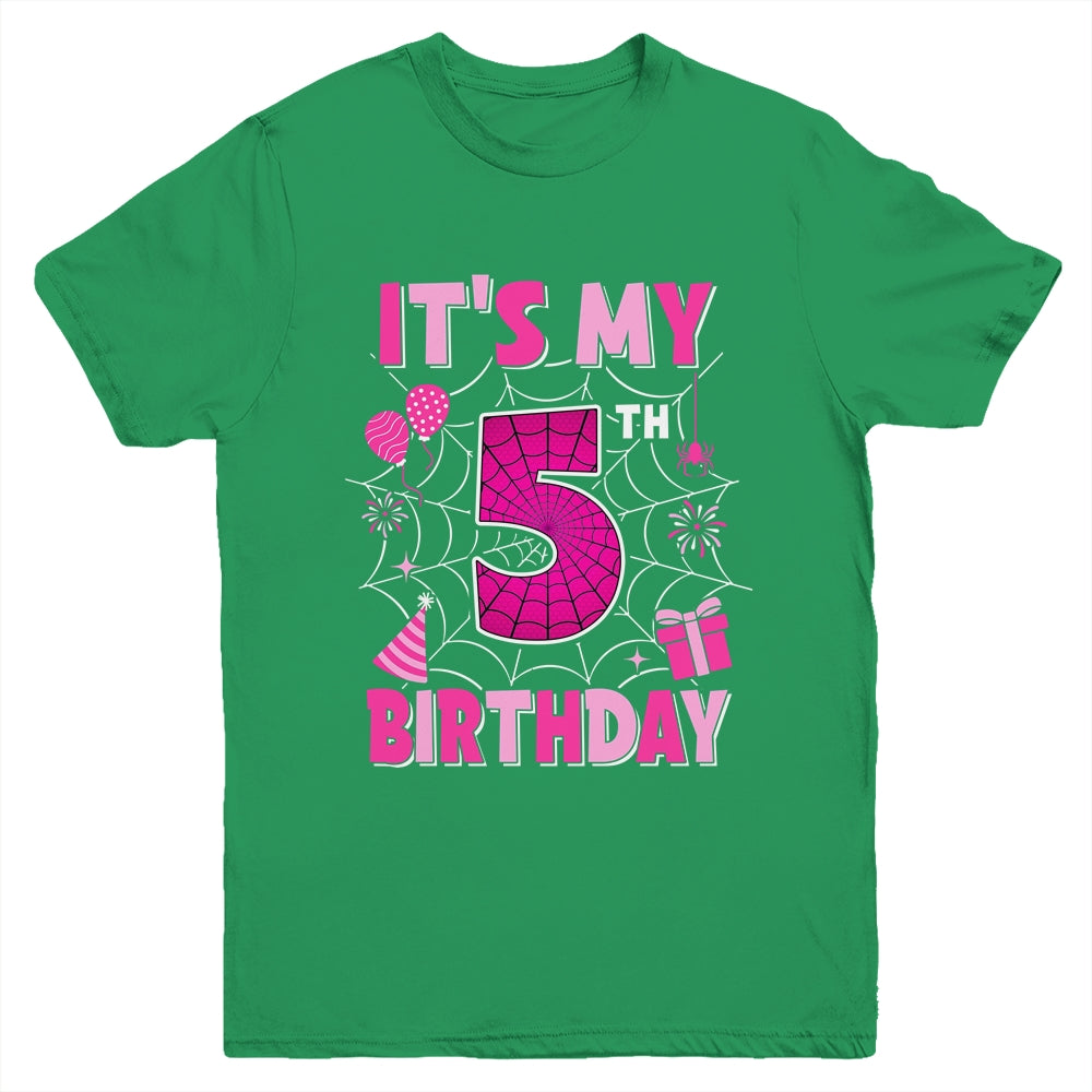 It's My 5th Birthday Spider Web Theme Party 5 Years Old Girl Youth Shirt | siriusteestore