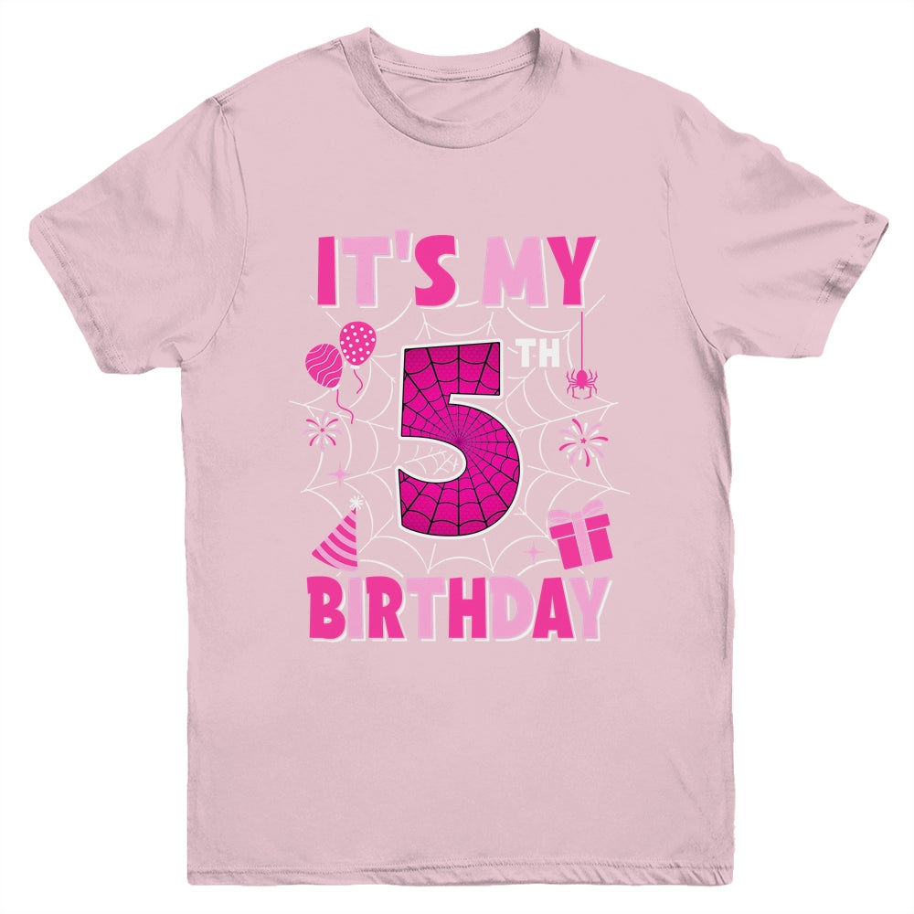 It's My 5th Birthday Spider Web Theme Party 5 Years Old Girl Youth Shirt | siriusteestore