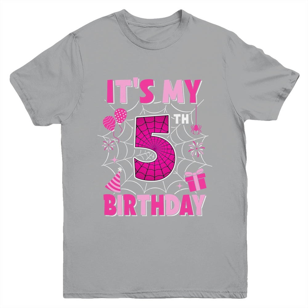 It's My 5th Birthday Spider Web Theme Party 5 Years Old Girl Youth Shirt | siriusteestore
