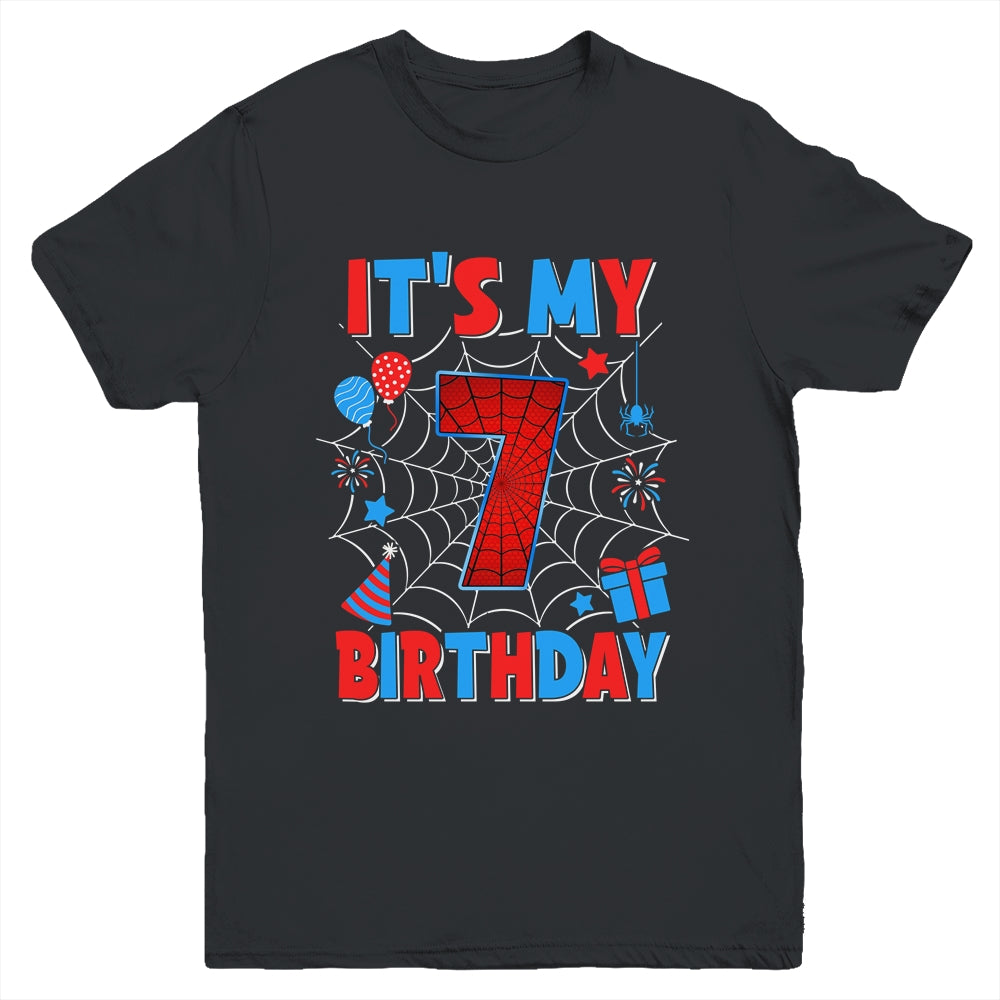 It's My 7th Birthday Spider Web Theme Party 7 Years Old Boys Youth Shirt | siriusteestore