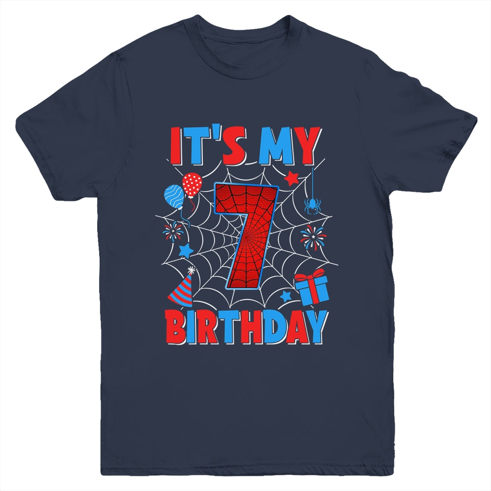 It's My 7th Birthday Spider Web Theme Party 7 Years Old Boys Youth Shirt | siriusteestore