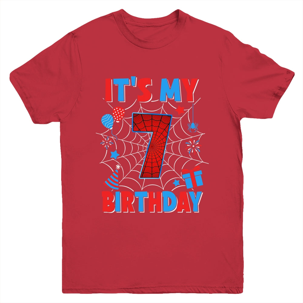 It's My 7th Birthday Spider Web Theme Party 7 Years Old Boys Youth Shirt | siriusteestore