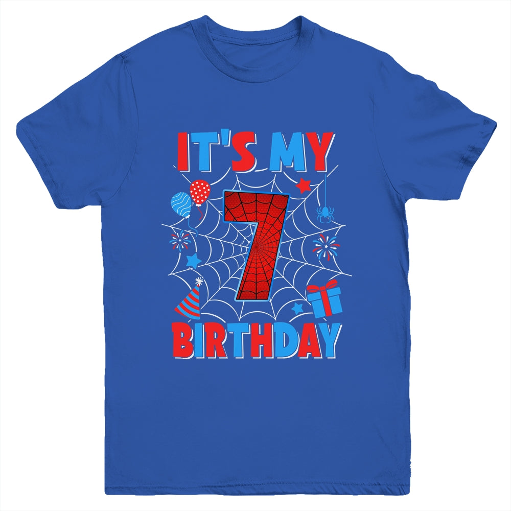 It's My 7th Birthday Spider Web Theme Party 7 Years Old Boys Youth Shirt | siriusteestore