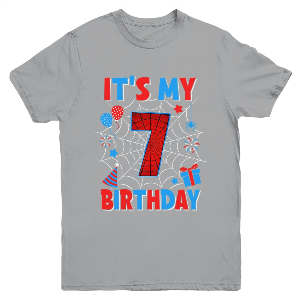 It's My 7th Birthday Spider Web Theme Party 7 Years Old Boys Youth Shirt | siriusteestore