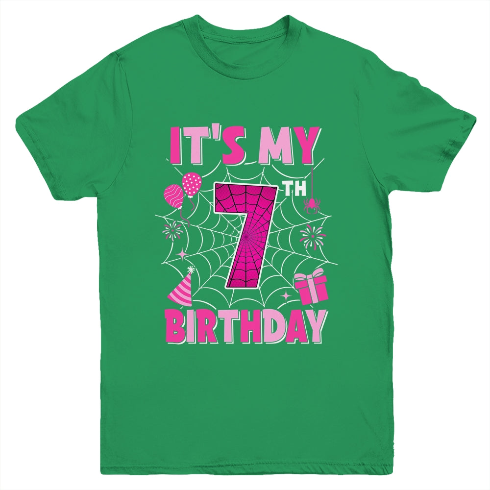 It's My 7th Birthday Spider Web Theme Party 7 Years Old Girl Youth Shirt | siriusteestore
